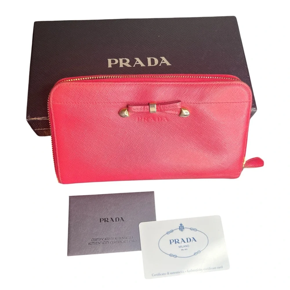 Prada Saffiano Bow Leather Zip Wallet